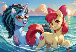 Size: 1216x832 | Tagged: safe, ai content, generator:civitai, generator:prefect pony xl, machine learning generated, prompter:virosmall, apple bloom, earth pony, pony, unicorn, g4, g5, apple bloom's bow, beach, bow, cutie mark, duo, female, hair bow, horn, image, jewelry, jpeg, looking at you, mare, misty brightdawn, necklace, older, older apple bloom, open mouth, open smile, smiling, smiling at you, sun, sunglasses, sunset, unshorn fetlocks, water