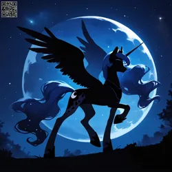 Size: 1536x1536 | Tagged: safe, ai content, machine learning generated, prompter:plotlover, prompter:plotprompter, princess luna, alicorn, pony, g4, ai music, cover art, female, fog, from side, full moon, image, jpeg, moon, night, night sky, qr code, silhouette, sky, solo, solo female, spread wings, stars, tree, walking, wings