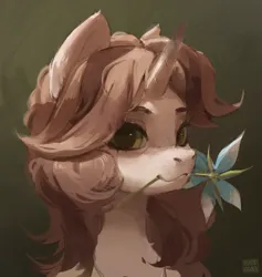 Size: 1897x2001 | Tagged: safe, artist:rvsd, derpibooru import, oc, unofficial characters only, pony, unicorn, bust, commission, female, flower, flower in mouth, gradient background, horn, image, looking at you, mare, mouth hold, png, smiling, smiling at you, solo