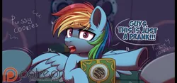 Size: 3240x1520 | Tagged: suggestive, artist:dinoalpaka, derpibooru import, rainbow dash, pegasus, pony, 28 pranks later, g4, advertisement, comic, female, image, mare, my little pony, patreon, patreon link, patreon logo, patreon preview, png