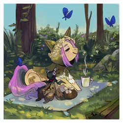 Size: 1400x1400 | Tagged: oc name needed, safe, artist:weird--fish, derpibooru import, oc, unofficial characters only, butterfly, insect, pony, eyes closed, female, floral head wreath, flower, hood, image, jpeg, lying down, mare, mug, not fluttershy, picnic blanket, plushie, prone, smiling, solo, tree