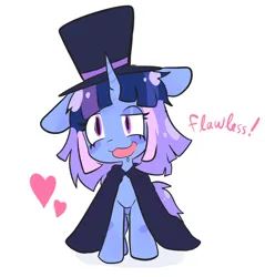 Size: 1850x1936 | Tagged: safe, artist:meowdcore, derpibooru import, oc, oc:flawless sparklemoon, unofficial characters only, pony, unicorn, cape, clothes, female, fusion, fusion:trixie, fusion:twilight sparkle, fusion:twixie, hat, heart, horn, image, jpeg, mare, multicolored hair, my little pony the movie - shattered harmony, my little pony the movie: the death of twilight sparkle, open mouth, simple background, solo, top hat, white background