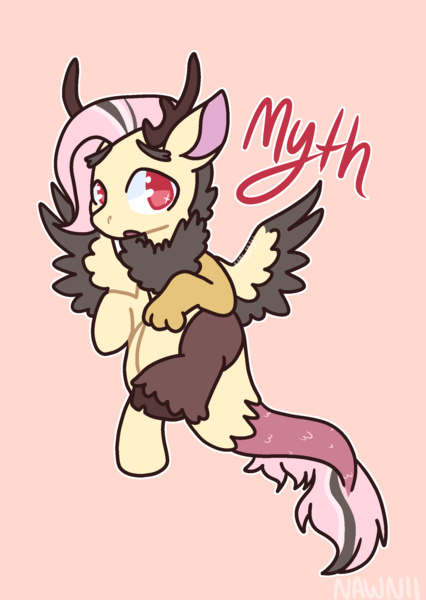 Size: 1668x2351 | Tagged: safe, artist:nawnii, derpibooru import, oc, oc:myth, draconequus, hybrid, image, interspecies offspring, offspring, parent:discord, parent:fluttershy, parents:discoshy, pink background, png, simple background, solo