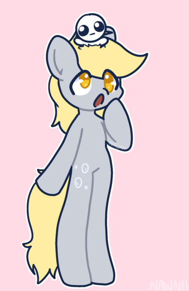 Size: 1300x2000 | Tagged: safe, artist:nawnii, derpibooru import, derpy hooves, pegasus, semi-anthro, g4, arm hooves, autism creature, bipedal, cute, derpabetes, duo, female, image, pink background, png, simple background, sitting on head, standing on two hooves