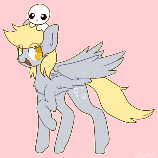 Size: 2000x2000 | Tagged: safe, artist:nawnii, derpibooru import, derpy hooves, pegasus, pony, g4, autism creature, cute, derpabetes, duo, eye clipping through hair, high res, image, looking left, open mouth, open smile, pink background, png, simple background, sitting on head, smiling, spread wings, wings