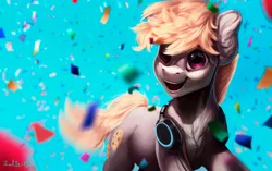 Size: 4769x3000 | Tagged: safe, artist:lulemt, derpibooru import, oc, oc:cookie malou, unofficial characters only, pony, confetti, happy, headphones, image, png, solo