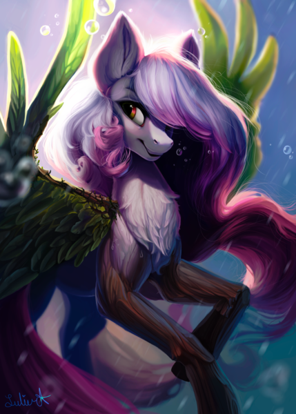 Size: 1500x2100 | Tagged: safe, artist:lulemt, derpibooru import, oc, unofficial characters only, original species, pegasus, plant pony, pony, bubble, chest fluff, commission, image, plant, png, solo, underwater, water