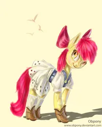 Size: 4000x5000 | Tagged: safe, artist:lulemt, derpibooru import, apple bloom, earth pony, pony, g4, belt, boots, clothes, dress, female, filly, foal, image, png, shoes, solo