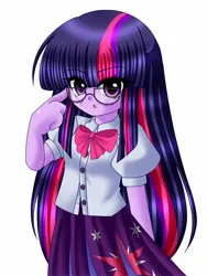 Size: 1536x2048 | Tagged: safe, artist:seacatscrying, derpibooru import, sci-twi, twilight sparkle, human, g4, :o, anime style, clothes, glasses, higurashi no naku koro ni, humanized, image, jpeg, open mouth, skirt, solo, style emulation