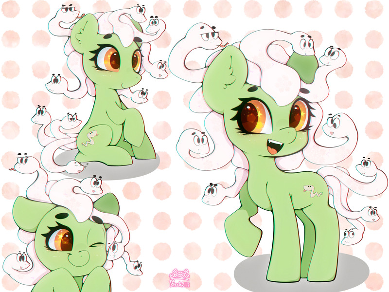 Size: 4000x3000 | Tagged: safe, artist:zokkili, derpibooru import, medusa, pony, snake, female, image, jpeg, mare, open mouth, open smile, raised hoof, smiling, solo