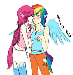 Size: 1009x1025 | Tagged: artist needed, safe, derpibooru import, pinkie pie, rainbow dash, human, g4, blushing, clothes, cutie mark, cutie mark on clothes, cutie mark on human, eared humanization, female, females only, humanized, image, jewelry, jpeg, lesbian, necklace, pinkiedash, shipping, spread wings, wingboner, winged humanization, wings