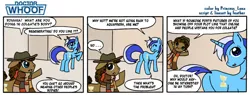 Size: 800x304 | Tagged: safe, artist:feather, artist:princess luna, derpibooru import, doctor whooves, minuette, time turner, unicorn, g4, clothes, comic, crossover, doctor who, duo, duo male and female, female, fourth doctor, fourth doctor's scarf, hat, horn, image, male, png, scarf, speech bubble, striped scarf