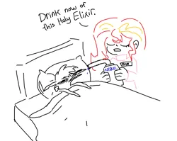 Size: 936x744 | Tagged: safe, artist:tjpones, derpibooru import, sunset shimmer, oc, oc:tjpones, earth pony, human, pony, equestria girls, g4, bed, dialogue, duo, duo male and female, eyes closed, female, human and pony, image, male, name tag, nyquil, on bed, png, sick, stallion