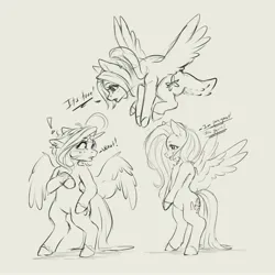 Size: 4000x4000 | Tagged: safe, artist:miokomata, derpibooru import, fluttershy, oc, oc:dazzling talents, oc:mio, alicorn, pegasus, pony, g4, bipedal, deer tail, dialogue, exclamation point, female, flying, freckles, freckleshy, grayscale, image, implied magical lesbian spawn, jpeg, mare, monochrome, spread wings, tail, trio, wings