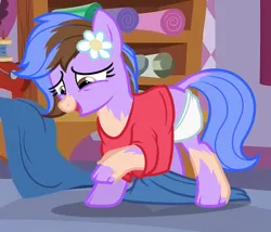 Size: 1312x1122 | Tagged: safe, alternate version, artist:anonymous, artist:show accurate tf anon, earth pony, human, pony, /mlp/, /ptfg/, 4chan, clothes, colt, femboy, flower, flower in hair, human to pony, image, indoors, male, mid-transformation, png, raised hoof, show accurate, solo, transformation, trap