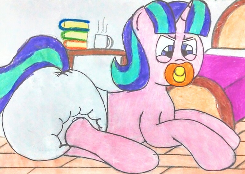 Size: 2911x2072 | Tagged: safe, artist:bitter sweetness, derpibooru import, starlight glimmer, unicorn, g4, abdl, adult foal, diaper, diaper fetish, father and child, father and daughter, female, fetish, furniture, horn, image, jpeg, looking at you, male, non-baby in diaper, pacifier, poofy diaper, solo, traditional art, wooden floor