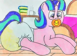 Size: 2742x1972 | Tagged: suggestive, artist:bitter sweetness, derpibooru import, starlight glimmer, unicorn, g4, abdl, adult foal, diaper, diaper fetish, father and child, father and daughter, female, fetish, horn, image, jpeg, looking at you, male, non-baby in diaper, pacifier, pissing, poofy diaper, solo, traditional art, urine, wetting, wetting diaper, wooden floor