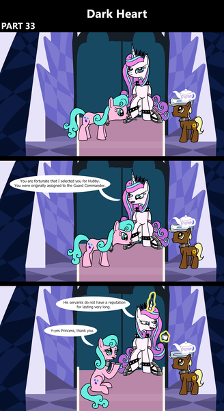 Size: 1920x3516 | Tagged: safe, artist:platinumdrop, derpibooru import, aquamarine, princess flurry heart, oc, oc:brave dawn, alicorn, earth pony, pony, comic:dark heart, g4, 3 panel comic, alternate timeline, armor, balancing, bored, bracelet, collar, colt, comic, commission, crystal, crystal castle, crystal empire, cup, dark crystal, dialogue, evil flurry heart, female, flurry heart is amused, foal, folded wings, glow, glowing horn, hooficure, horn, image, indoors, looking at someone, magic, magic aura, male, mare, mouth hold, nail file, older, older aquamarine, older flurry heart, png, raised hoof, sitting, slave, slave collar, smiling, smug, smug smile, speech bubble, spiked collar, spiked wristband, teacup, teapot, telekinesis, throne, throne room, tray, victorious villain, wings, wristband