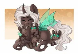 Size: 2048x1434 | Tagged: safe, artist:madelinne, derpibooru import, oc, oc:kitu elder, unofficial characters only, changeling, changeling queen, equestria at war mod, child, children, eyelashes, female, gray coat, happy, horn, image, jpeg, kids, legs, mother, simple background, smiling, solo, tail, white mane