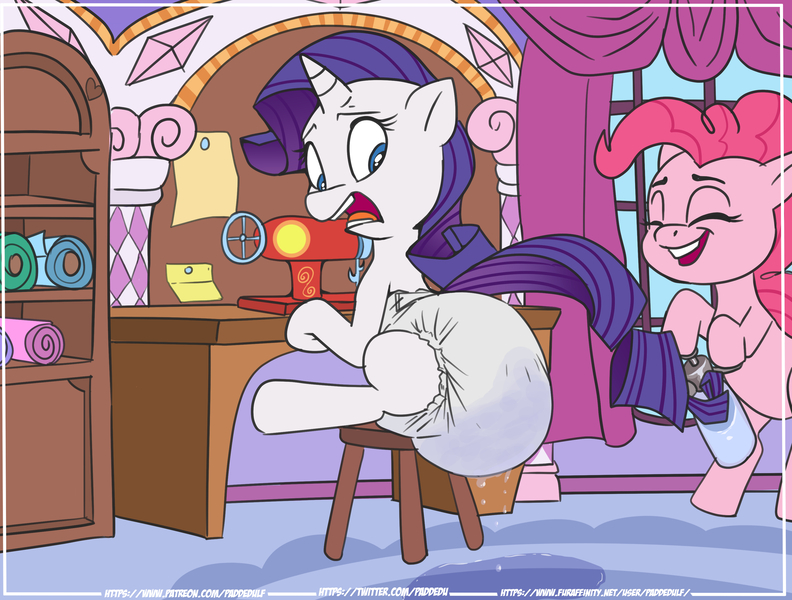 Size: 3300x2500 | Tagged: questionable, artist:paddedulf, derpibooru import, pinkie pie, rarity, pony, g4, diaper, diaper fetish, fetish, image, jpeg, spray bottle, wet diaper