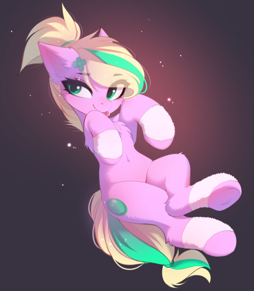 Size: 3364x3856 | Tagged: safe, alternate version, artist:empress-twilight, derpibooru import, oc, oc:emerald bubble, unofficial characters only, earth pony, pony, :p, belly, belly button, blushing, cheek fluff, chest fluff, clothes, commission, cute, ear fluff, eye clipping through hair, eyebrows, eyebrows visible through hair, female, flower, flower in hair, image, leg fluff, leg warmers, mare, png, smiling, solo, tail, tongue out, two toned mane, two toned tail, underhoof, ych result