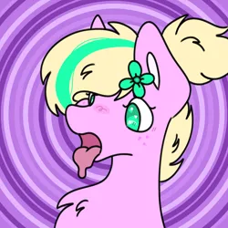 Size: 1280x1280 | Tagged: safe, artist:emeraldthepony, artist:starbite444, derpibooru import, oc, oc:emerald bubble, unofficial characters only, earth pony, pony, blushing, bust, chest fluff, flower, flower in hair, freckles, image, open mouth, png, ponytail, purple background, simple background, solo, tongue out, two toned mane