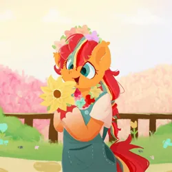 Size: 1240x1240 | Tagged: safe, artist:skylinepony_, derpibooru import, sunny starscout, semi-anthro, g5, floral necklace, flower, hoof hold, image, jpeg, mane stripe sunny, solo