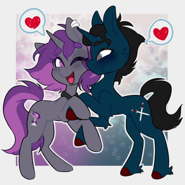 Size: 2000x2000 | Tagged: safe, artist:bwolfalien, derpibooru import, oc, oc:slashing prices, oc:velvet swirl, pony, unicorn, blushing, colored hooves, couple, cute, female, heart, holding hooves, hooves, horn, image, male, mare, png, shipping, simple background, stallion, standing on two hooves, unicorn oc