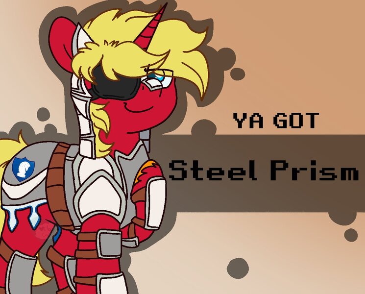 Size: 1301x1048 | Tagged: safe, artist:alleymutt, derpibooru import, oc, oc:steel prism, unofficial characters only, pony, unicorn, banned from equestria daily, armor, commission, eyepatch, gradient background, horn, image, jpeg, male, solo, stallion, ya got