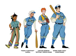 Size: 3846x2826 | Tagged: safe, artist:bixels, derpibooru import, fleetfoot, rainbow dash, soarin', spitfire, human, g4, alternate name, baseball, baseball bat, baseball cap, cap, clothes, female, hat, humanized, image, light skin, male, moderate dark skin, png, simple background, sports, tan skin, text, the grand galloping 20s, uniform, white background