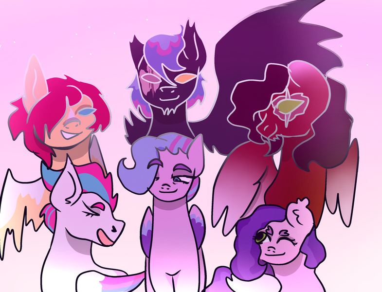 Size: 3130x2393 | Tagged: safe, artist:earth.loser, derpibooru import, commander hurricane, flash magnus, pipp petals, private pansy, queen haven, zipp storm, ghost, pegasus, undead, g4, g5, female, generations, image, male, png, princess, queen, royal family, royal legion, royal sisters (g5), siblings, sisters, spirit, trio, trio female, trio male