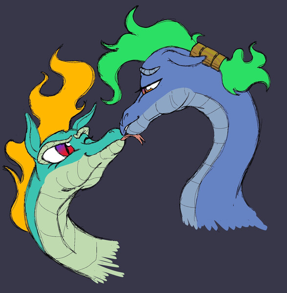 Size: 1698x1734 | Tagged: safe, artist:swayedy, derpibooru import, dragon, hybrid, longma, them's fightin' herds, baihe (tfh), community related, female, image, jpeg, lesbian, licking, looking at each other, looking at someone, mane of fire, one eye closed, ship:baihuo, shipping, simple background, tianhuo (tfh), tongue out