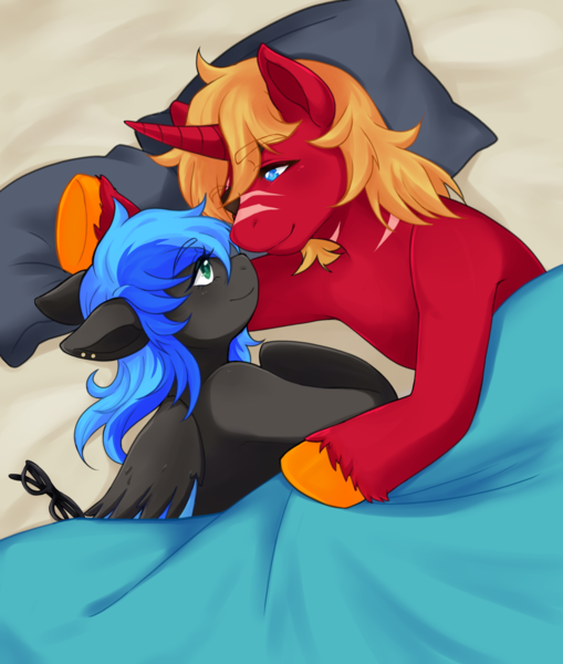 Size: 2122x2500 | Tagged: safe, artist:the-cat1, derpibooru import, oc, oc:dj, oc:steel prism, unofficial characters only, pegasus, pony, unicorn, bed, cuddling, duo, glasses, horn, image, lying down, png, scar, scared