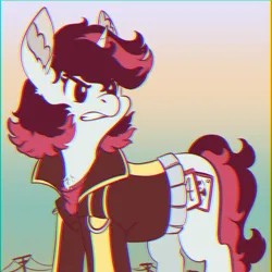 Size: 1200x1200 | Tagged: safe, artist:brainiac, derpibooru import, oc, oc:blackjack, unofficial characters only, pony, unicorn, fallout equestria, fallout equestria: project horizons, chromatic aberration, fanfic art, female, gradient background, horn, image, mare, png, solo, vhs