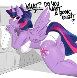 Size: 3000x3041 | Tagged: suggestive, artist:flutterthrash, derpibooru import, twilight sparkle, twilight sparkle (alicorn), alicorn, anthro, g4, ass, bent over, big breasts, blush lines, blushing, book, bookshelf, bra, breasts, busty twilight sparkle, butt, clothes, dialogue, female, image, jpeg, panties, rear view, sideboob, solo, solo female, spread wings, underwear, white underwear, wings