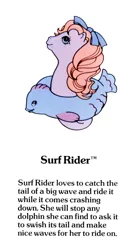 Size: 550x1000 | Tagged: safe, derpibooru import, official, surf rider, fish, pony, sea pony, g1, baby sea pony, bow, closed mouth, cute, female, floaty, g1 backstory, hair bow, image, jpeg, mare, my little pony fact file, pool toy, simple background, smiling, solo, surfabetes, text, trademark, white background