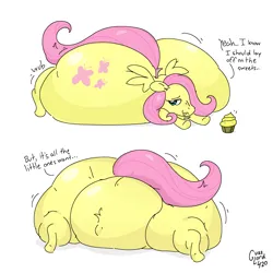 Size: 1919x1919 | Tagged: suggestive, artist:guzzlord420, derpibooru import, fluttershy, pegasus, pony, g4, belly, belly button, big belly, bottom heavy, butt, cupcake, dialogue, fat, fattershy, food, huge belly, huge butt, image, impossibly large butt, large butt, lying down, outie belly button, png, pregnant, prone, rear view, simple background, solo, talking to viewer, thighs, thunder thighs, white background