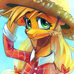 Size: 2100x2100 | Tagged: safe, artist:krista-21, derpibooru import, applejack, earth pony, g4, applebetes, bow, clothes, cute, food, freckles, hair bow, hat, hoof hold, image, looking at you, plaid shirt, png, raised hoof, shirt, smiling, smiling at you, solo, straw hat, wheat