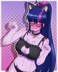 Size: 1024x1280 | Tagged: suggestive, artist:masterdestroyzj, derpibooru import, sci-twi, twilight sparkle, human, equestria girls, g4, belly, belly button, blushing, cat ears, cat lingerie, clothes, female, image, jpeg, lingerie, outline, sad cat dance, solo, solo female, white outline