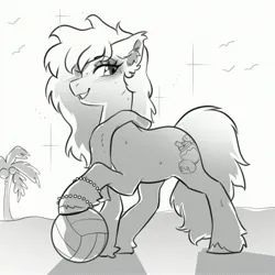 Size: 2700x2700 | Tagged: safe, artist:opalacorn, derpibooru import, oc, unofficial characters only, earth pony, pony, beach, black and white, bracelet, commission, ear fluff, female, fetlock tuft, grayscale, grin, image, jewelry, jpeg, looking at you, mare, monochrome, outdoors, palm tree, smiling, smiling at you, solo, sports, tree, volleyball