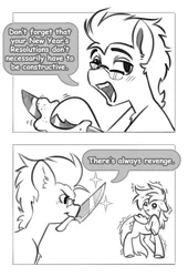 Size: 2700x3977 | Tagged: safe, artist:opalacorn, derpibooru import, rainbow dash, oc, earth pony, pegasus, pony, g4, 2 panel comic, black and white, comic, commission, dialogue, duo, duo male and female, female, floppy ears, frown, glasses, grayscale, image, jpeg, knife, lidded eyes, male, mare, monochrome, mouth hold, new year, open mouth, open smile, smiling, sparkles, speech bubble, stallion, sweat