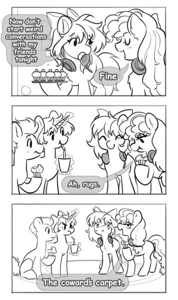 Size: 2428x4096 | Tagged: safe, artist:opalacorn, derpibooru import, oc, oc:cinnabyte, oc:lillybit, unofficial characters only, earth pony, pony, unicorn, black and white, commission, cupcake, dialogue, drink, drinking, drinking straw, female, food, grayscale, headphones around neck, headset, hoof hold, horn, image, jpeg, levitation, magic, male, mare, monochrome, rug, speech bubble, stallion, telekinesis