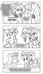 Size: 2428x4096 | Tagged: safe, artist:opalacorn, derpibooru import, oc, oc:cinnabyte, oc:lillybit, unofficial characters only, earth pony, pony, unicorn, black and white, commission, cupcake, dialogue, drink, drinking, drinking straw, female, food, grayscale, headphones around neck, headset, hoof hold, horn, image, jpeg, levitation, magic, male, mare, monochrome, rug, speech bubble, stallion, telekinesis