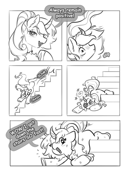 Size: 2912x3844 | Tagged: safe, artist:opalacorn, derpibooru import, oc, unofficial characters only, pony, unicorn, black and white, chest fluff, circling stars, comic, dialogue, dizzy, dizzy eyes, falling downstairs, female, grayscale, heart, heart eyes, horn, image, jewelry, jpeg, lidded eyes, looking at you, mare, monochrome, necklace, open mouth, open smile, smiling, smiling at you, solo, speech bubble, stairs, talking to viewer, wingding eyes