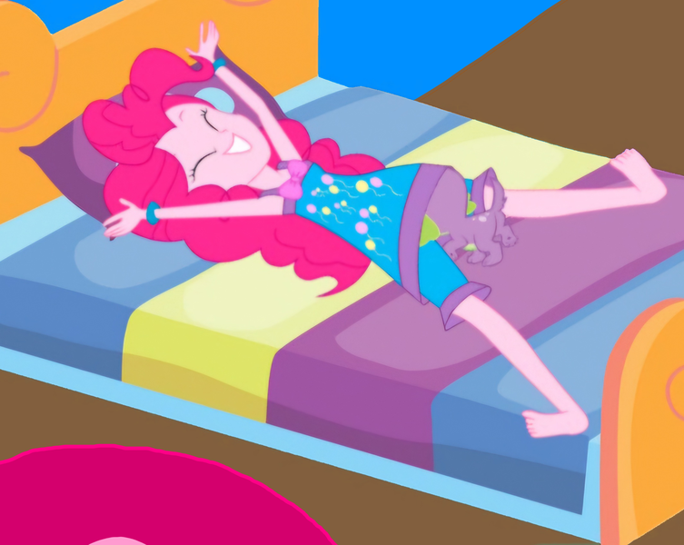 Size: 2131x1698 | Tagged: questionable, artist:marcorois, edit, pinkie pie, spike, spike the regular dog, dog, equestria girls, equestria girls series, sunset's backstage pass!, spoiler:eqg series (season 2), barefoot, bed, bedroom, bestiality, blanket, clothes, eyes closed, feet, female, fetish, image, interspecies, oral, pajamas, pillow, png, sex, smiling, sniffing