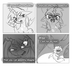 Size: 2909x2700 | Tagged: safe, artist:opalacorn, derpibooru import, queen chrysalis, oc, changeling, changeling queen, g4, black and white, changeling oc, comic, dialogue, duo, duo female, female, grayscale, image, jpeg, looking at you, monochrome, open mouth, slit pupils, solo focus, speech bubble, star wars, talking to viewer