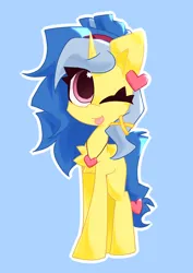 Size: 2428x3430 | Tagged: safe, artist:scarshine, derpibooru import, oc, unofficial characters only, pony, unicorn, :p, blue mane, heart, horn, image, jpeg, light blue background, pink eyes, simple background, solo, tongue out, yellow coat