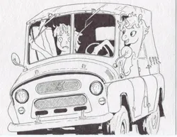 Size: 769x593 | Tagged: safe, artist:adeptus-monitus, derpibooru import, lyra heartstrings, twilight sparkle, pony, unicorn, g4, car, driving, horn, image, jpeg, monochrome, traditional art, uaz