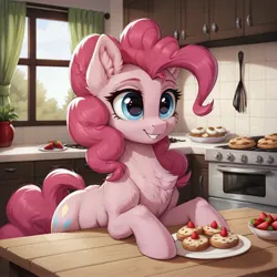 Size: 4608x4608 | Tagged: safe, ai content, machine learning generated, prompter:thelight3d, stable diffusion, pinkie pie, pony, g4, big eyes, chest fluff, dessert, ear fluff, female, fluffy, food, happy, image, jpeg, kitchen, plate, smiling, solo, solo female, strawberry, table, window