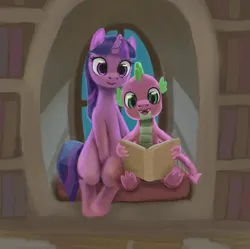 Size: 1857x1851 | Tagged: safe, artist:odooee, derpibooru import, spike, twilight sparkle, dragon, pony, unicorn, g4, book, duo, duo male and female, female, golden oaks library, horn, image, library, male, mare, open mouth, open smile, png, reading, sitting, smiling, unicorn twilight, window